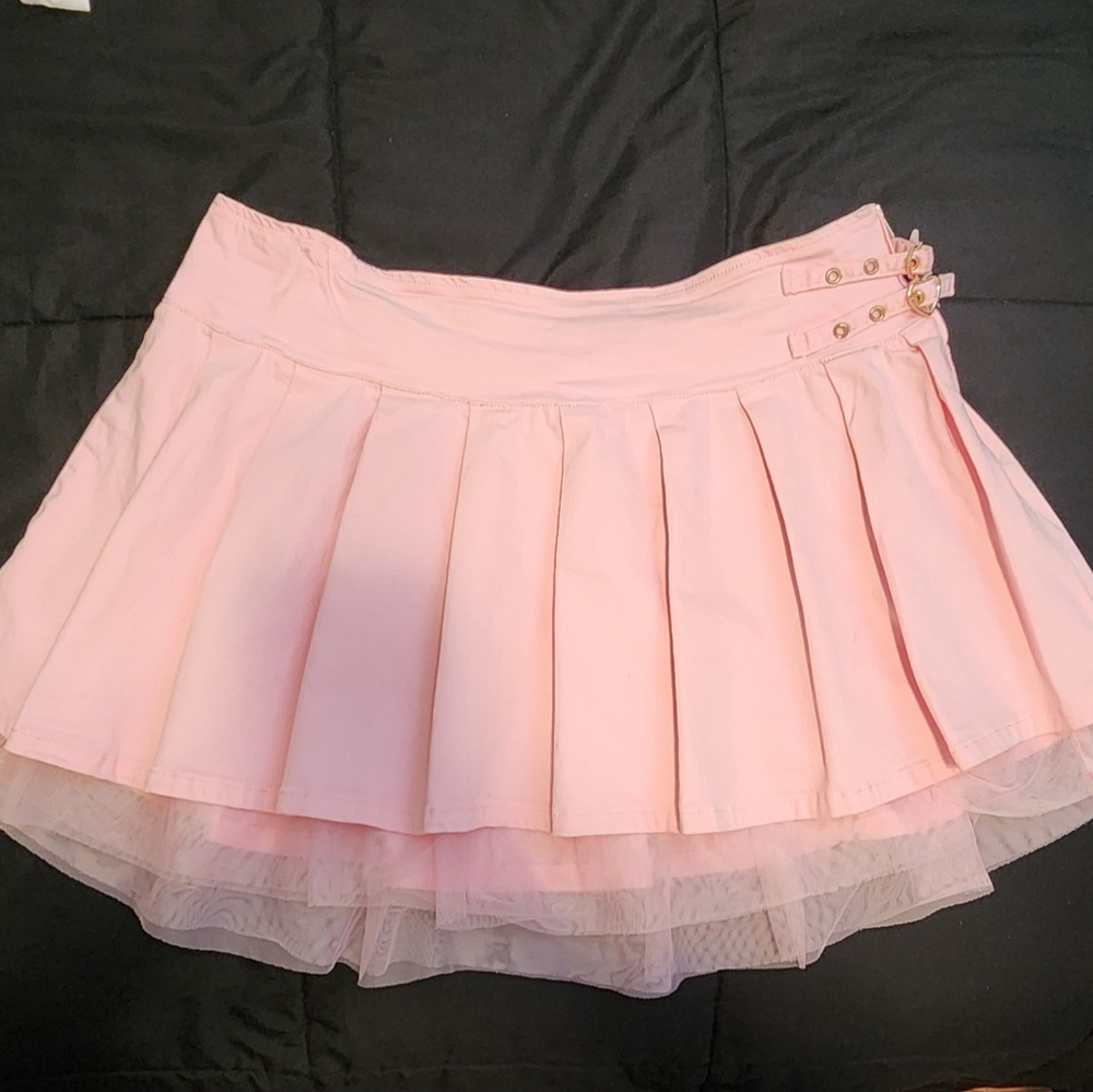 pink tulle pleated denim mini skirt